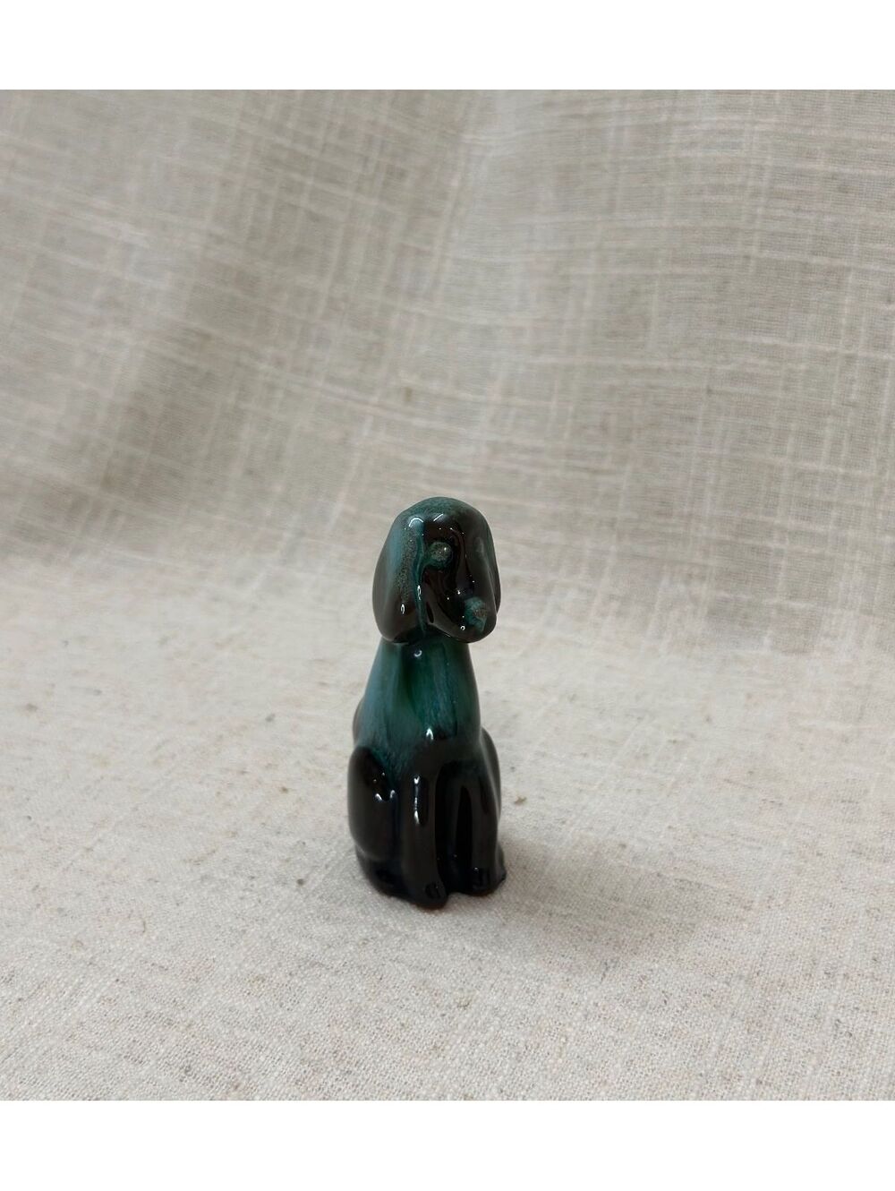Vintage Blue Mountain Pottery 3" Small Dog Figurine Canada Green Drip Glaze